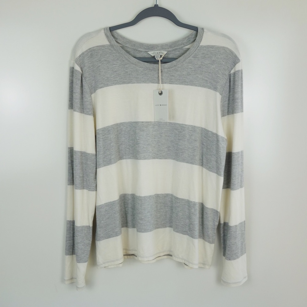 LUCKY BRAND Gray & White Striped Sweatshirt Large